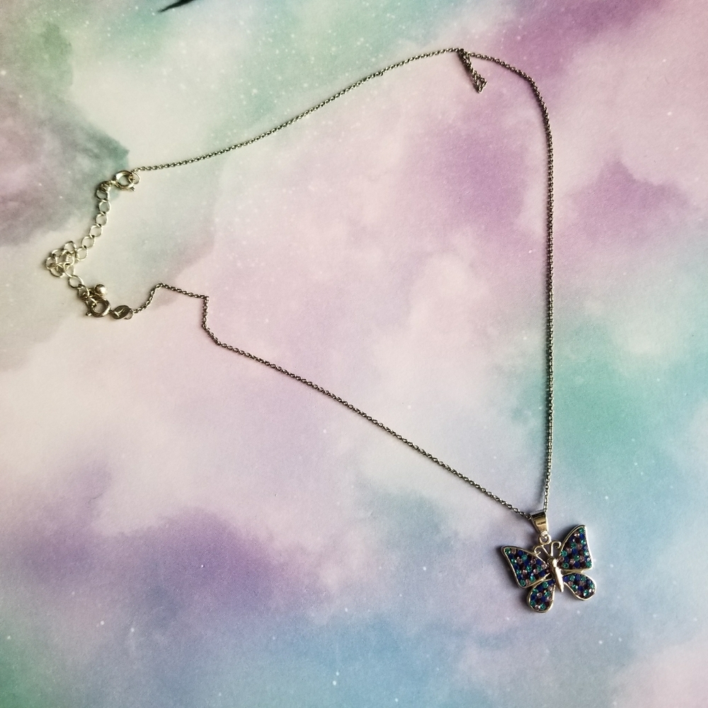Relisted -Butterfly necklace blue and purple silver tone - Picture 9 of 13